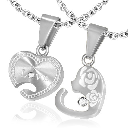 Pendant Tops - LOVEハートステンレスペンダント（ペアセット） クリスタル ジルコニア サージカルステンレス316L ネックレス パーツ メンズ レディース トップ ペア ステンレスペンダントトップ ステンレスパーツ アクセサリー 首飾り キーリング キーホルダー