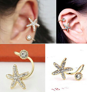 ピアス専門ショップGreen Piercingのダブルアールイヤーカフ(スター) 星 ヒトデ スターフィッシュ 1個販売 イヤリング イヤークリップ フェイクピアス 耳 軟骨 レディース ゴールド 金色 シルバー 銀色 ラインストーン はさむ キラキラ クリスタル ノンホールピアス ノンホールイヤリング あけない 海星｜アングル3