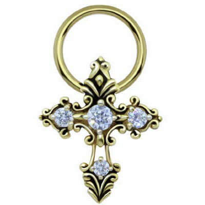 ゴールドクロス キャプティブビーズリング 14G ボディピアス サージカルステンレス316L リング型 メンズ レディース ニップルピアス 軟骨 乳首 十字架 金色 ボディーピアス サーフェイス デザインが正面に向くタイプ