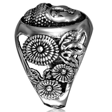 釈迦ステンレスリング（RMT432）サイズ/31号 仏様 ブッダ 神様 印台型 おもしろ ユニーク 指輪 サージカルステンレス316L メンズ レディース ペアリング プレゼント ギフト ピンキーリング ファランジリング