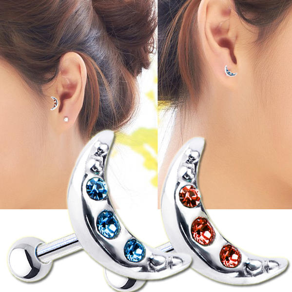 Rakuten - ムーンヘリックス 月 16ゲージ 16G 軟骨 ヘリックス 耳 ボディピアス トラガス アンテナ ラインストーン ジルコニア クリスタル メンズ レディース サージカルステンレス316L ストレートバーベル ネジボールシルバー925 スターリングシルバー ラインストーン プレゼント 男女