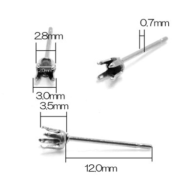 3mmジュエル立て爪ステンレスDIY用スタッドピアス サージカルステンレス ステンレス ピアス パーツ キャッチピアス スタッドピアス ポスト ジュエル ストーン 天然石 ジルコニア タテ爪 パール 真珠 丸石 4本爪 ピアス作り インスタ ハンドメイド