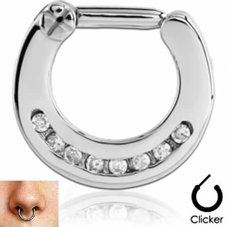 Rakuten - ドームビジューセプタムクリッカー 14ゲージ 14G 鼻ピアス サージカルステンレス メンズ レディース 軟骨 ヘリックス ニップル 乳首 リング型 ボディピアス ワンタッチ 鼻の真ん中の軟骨にするボディーピアス クリスタル ジルコニア ヒンジ付き キャッチをなくさない