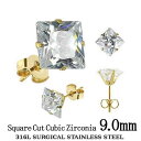 ゴールドロイヤルクラウンステンレスピアス:9mmジュエル/1個販売 四角形 金 サージカルステンレス316L メンズ レディース 20G 20ゲージ たて爪 立...
