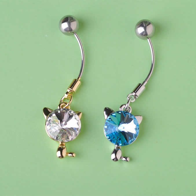 Barbell （Curved） - [ 20G 細い 臍ピアス ] ロシアンブルーへそピアス 20ゲージ ヘソピアス メンズ レディース 揺れる ボディピアス サージカルステンレス316L 低アレルギー ラインストーン ジルコニア バナナバーベル ファーストピアス セカンドピアス 猫 ネコ ねこ キャット アニマル 動物