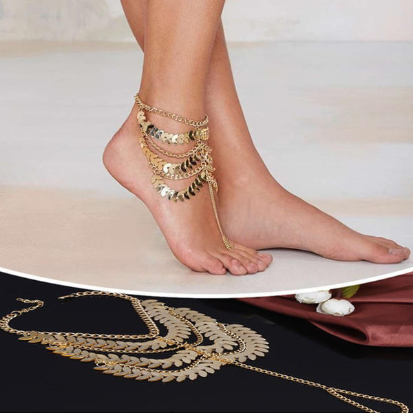 プラムリーフボヘミアンベアフットサンダル アンクレット/1個販売 ゴールド 金色 2連 足の指輪 トゥリ..