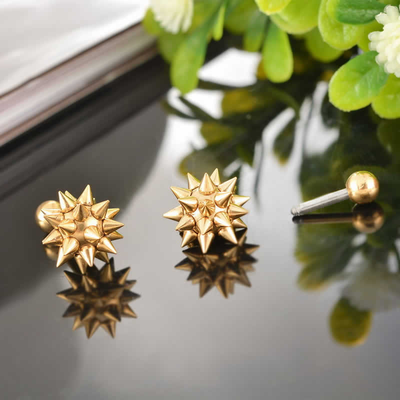 ピアス専門ショップGreen Piercingのイガグリボディピアス 16ゲージ 16G 軟骨 ヘリックス 耳 ボディピアス トラガス アンテナ 面白いボディーピアス メンズ レディース サージカルステンレス316L おもしろ ストレートバーベル ネジボール ブラック 黒色 金色 ゴールド シルバー 銀色 トゲトゲ スパイク コーン｜アングル3