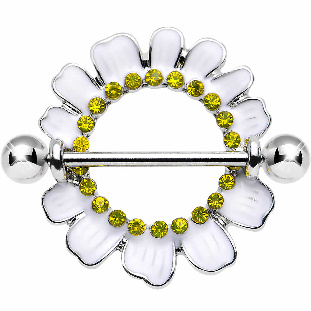 [ 14G ニップル 乳首 ] デイジーフラワーニップルピアス ストレートバーベル 白い花 シールド 14ゲージ 胸 乳輪 ボディピアス メンズ レディース サージカルステンレス316L ボディーピアス 乳首ピアス ジュエリー オモシロ 面白い 綺麗 別売り16Gに変更可能