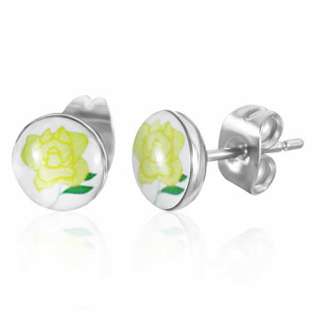 バラの花ステンレスピアス/1個販売 ローズ フラワー 黄色 イエロー 薔薇 サージカルステンレス316L 20G 20ゲージ レディース メンズ ペア用としても キャッチピアス 軟骨 耳たぶ 丸型 小さい スモール 結婚式 パーティ 女子会 2次会 プレゼント ギフト ファーストピアス