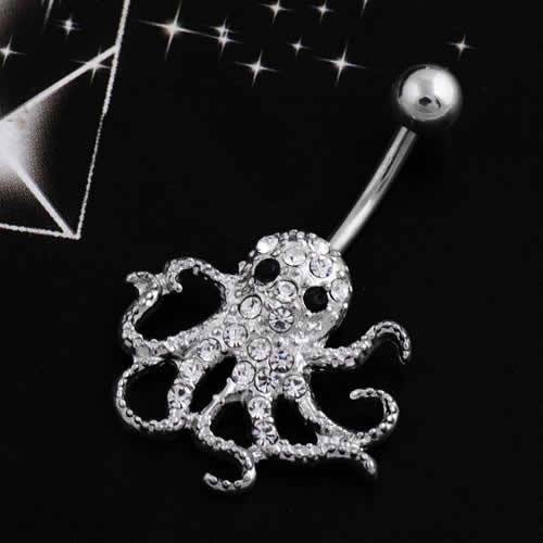 クリスタルオクトパスへそピアス 14G 14ゲージ タコ 蛸 おもしろ クラーケン ジルコニア クリスタル ラ..