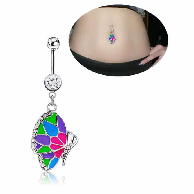 モザイクバタフライへそピアス 14G 14ゲージ チョウチョウ 蝶 カラフル ジルコニア クリスタル ラインストーン ヘソピアス 臍ピアス ボディピアス サージカルステンレス ネイブル ボディーピアス メンズ レディース へそピ バナナバーベル ヘソピ カーブバーベル