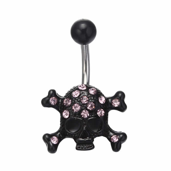 ダークネス スカル へそピアス 14G 14ゲージ 黒色 ドクロ ガイコツ ブラック ジルコニア クリスタル ラインストーン ヘソピアス 臍ピアス ボディピアス サージカルステンレス ネイブル ボディーピアス メンズ レディース へそピ バナナバーベル ヘソピ カーブバーベル