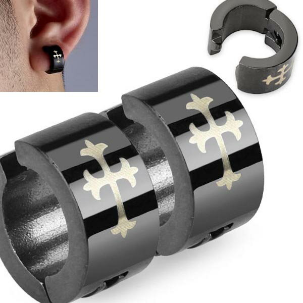 ブラックナイトイヤリング 1個販売 クロス 十字架 ロザリオ イヤーカフ 黒色 メンズ レディース 開けない 痛くない サージカルステンレス316L 挟むピアス...