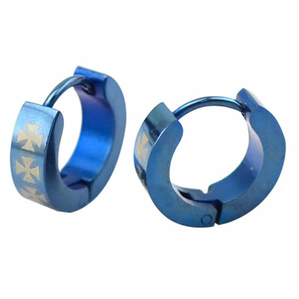 青色のブルーステファニアクロスフープピアス 1個販売 サージカルステンレス316L アイアンクロス 青色 ..