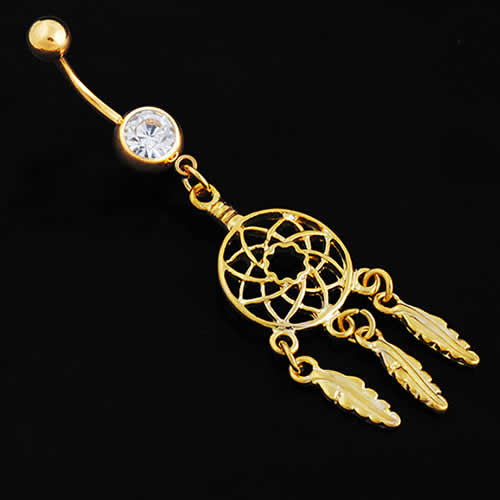 インディアンジュエリー ドリームキャッチャー へそピアス 14G 14ゲージ ボヘミアン 金色 ゴールド ジルコニア クリスタル ラインストーン ヘソピアス 臍ピアス ボディピアス サージカルステンレス316L ボディーピアス メンズ レディース 揺れる チャーム カーブバーベル