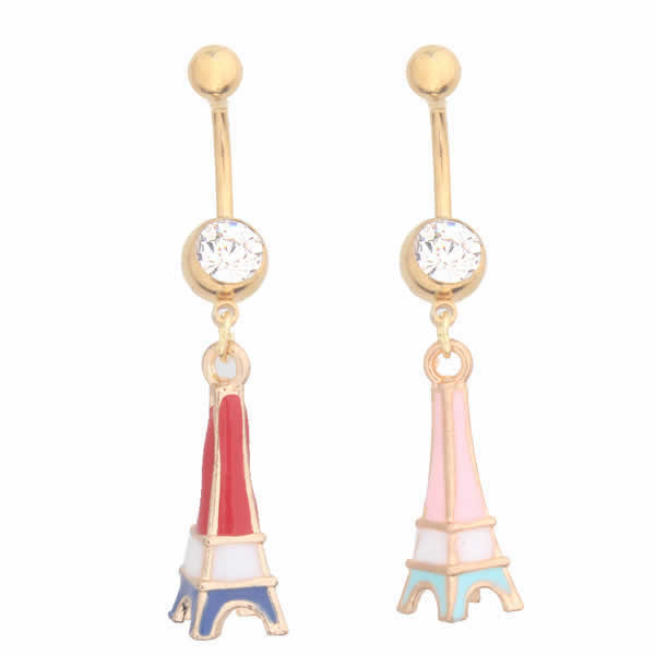エッフェル塔へそピアス 14G 14ゲージ ヘソピアス 臍ピアス メンズ レディース ヘソピ ネイブル ボディピアス サージカルステンレス316L 低アレルギー ジルコニア クリスタル ラインストーン バナナバーベル カーブバーベル ぶら下がり 揺れる チャーム タワー 可愛い