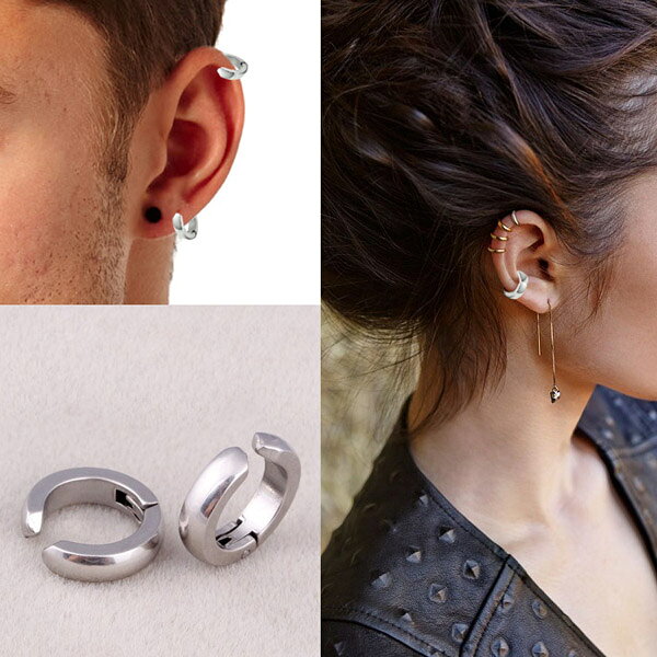 ピアス専門ショップGreen Piercingの甲丸 ステンレス イヤリング 1個販売 イヤーカフ ピアス風 シンプル 丸い 開けない 男性 女性 男子 女子 サージカルステンレス316L 挟むイヤリング はさむ レディース メンズ 痛くない 軟骨 シルバーカラー 銀色 フープピアス風 リングピアス風 ノンホールピアス プレーン｜アングル3