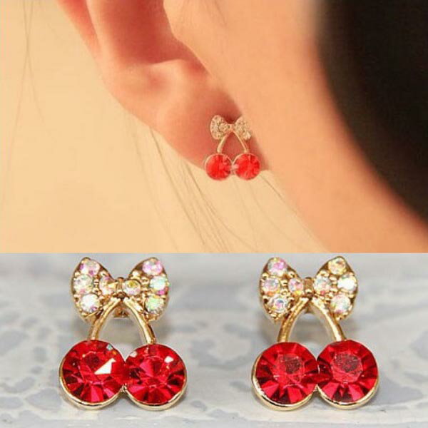 チェリービジューイヤリング(1ペア) 両耳 さくらんぼ ラインストーン サクランボ ジルコニア 穴あけなし 開けない レディース フェイクピアス はさむ 挟む ...