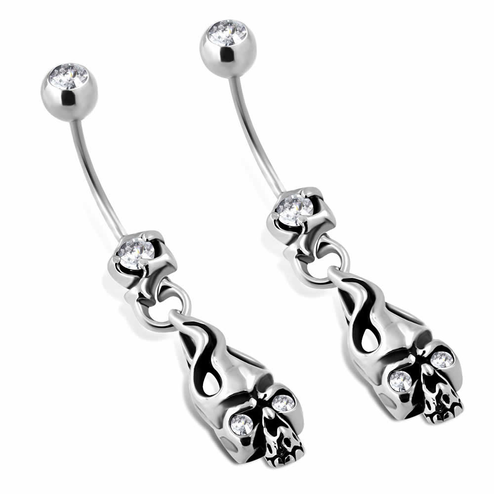 [18G 細い メンズ へそピアス ] バーニングスカル 1個販 ドクロ ガイコツ スカル 18ゲージ レディース バナナバーベル ネイブル 臍ピアス ヘソピアス ボディピアス サージカルステンレス316L 揺れる 耳 軟骨 クリスタル ラインストーン ジルコニア 男性 彼氏 父の日 メン