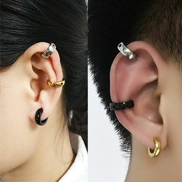 ピアス専門ショップGreen Piercingの甲丸 ステンレス イヤリング 1個販売 イヤーカフ ピアス風 シンプル 丸い 開けない 男性 女性 男子 女子 サージカルステンレス316L 挟むイヤリング はさむ レディース メンズ 痛くない 軟骨 シルバーカラー 銀色 フープピアス風 リングピアス風 ノンホールピアス プレーン｜アングル2