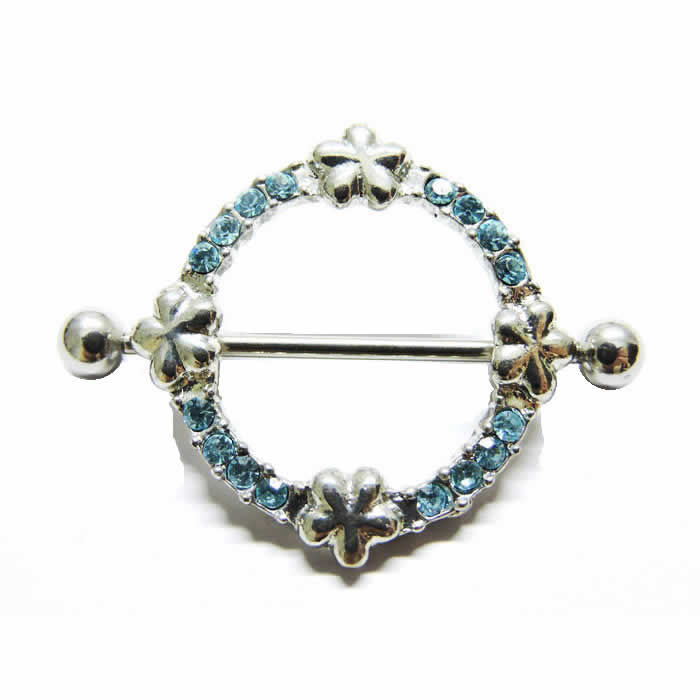 [ 14G ニップル 乳首 激安 ] フラワーリースニップルピアス 花 ラインストーン ジルコニア アクア ストレートバーベル シールド 14ゲージ 胸 乳輪 ボディピアス メンズ レディース サージカルステンレス316L ボディーピアス 乳首ピアス ジュエリー 花 ブルー 青色 人気