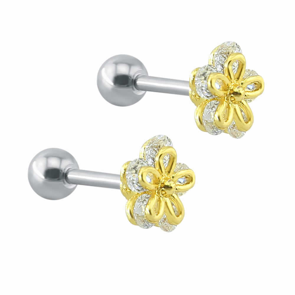 ピアス専門ショップGreen Piercingのお花の軟骨ピアス ストレートバーベル 16ゲージ 16G イエローゴールド ピンクゴールド 金メッキ 金色 フラワー シンプル 大人 綺麗 結婚式 入学式 ヘリックス 耳 ボディピアス トラガス アンテナヘリ レディース サージカルステンレス 長い 短い 内径 シャフト クリスタル｜アングル2