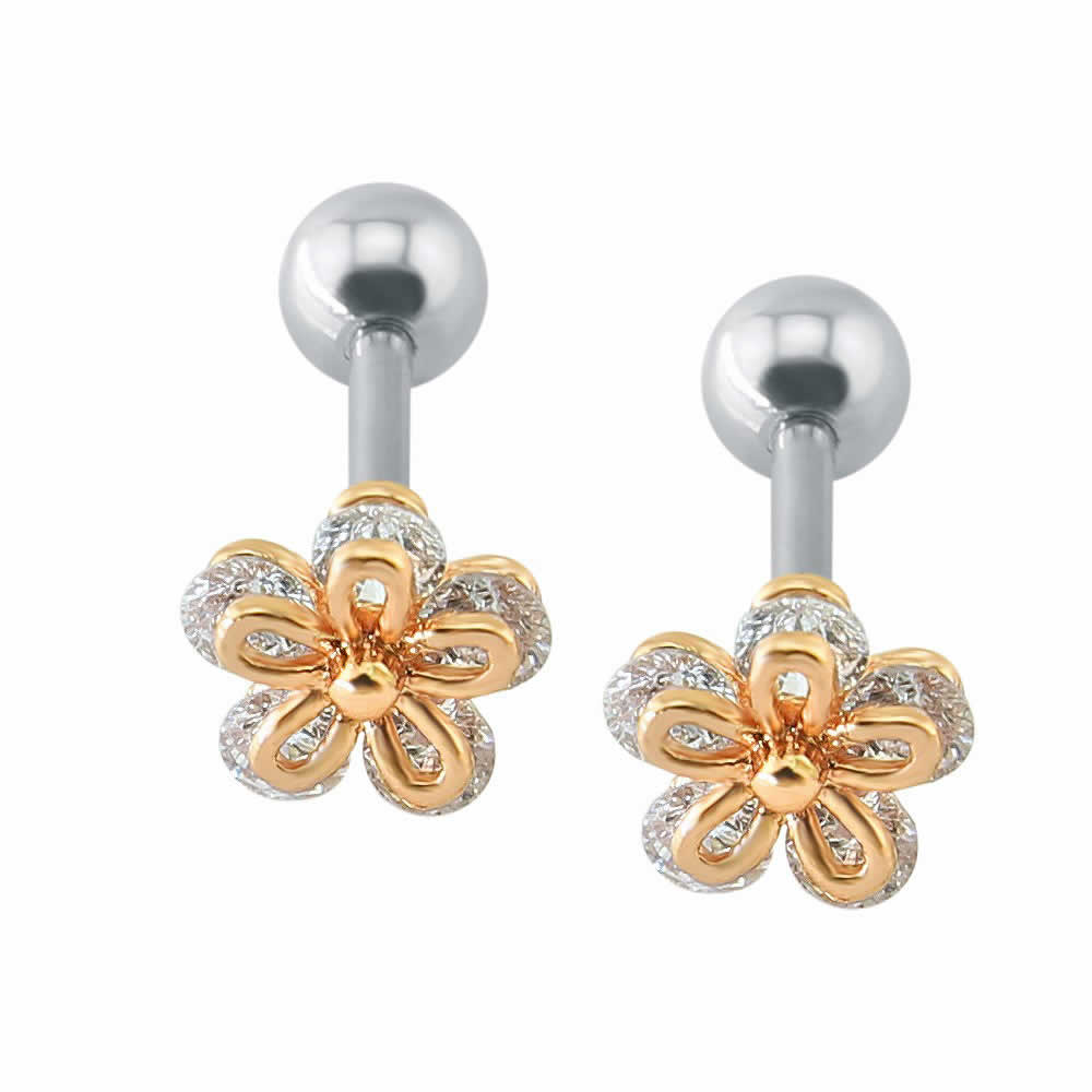 ピアス専門ショップGreen Piercingのお花の軟骨ピアス ストレートバーベル 16ゲージ 16G イエローゴールド ピンクゴールド 金メッキ 金色 フラワー シンプル 大人 綺麗 結婚式 入学式 ヘリックス 耳 ボディピアス トラガス アンテナヘリ レディース サージカルステンレス 長い 短い 内径 シャフト クリスタル｜アングル3