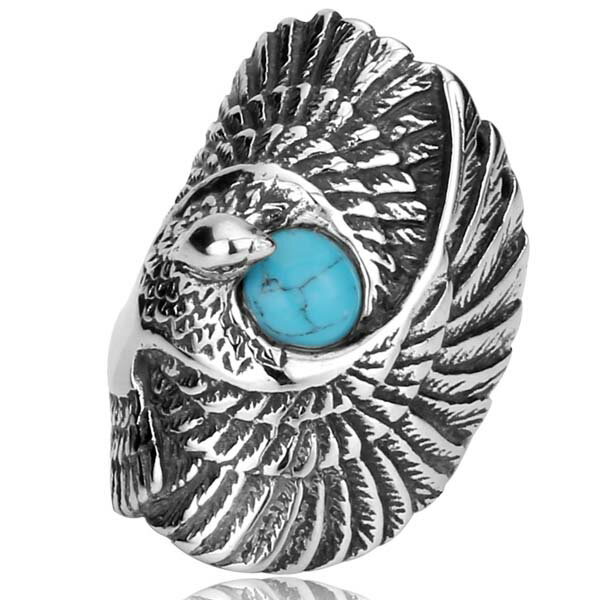 ターコイズイーグルステンレスリング(PRB077) サイズ/15号/26号 大きめ ビッグサイズ ワシ 鷲 タカ 鷹 トルコ石 天然石 インディアンジュエリー ...