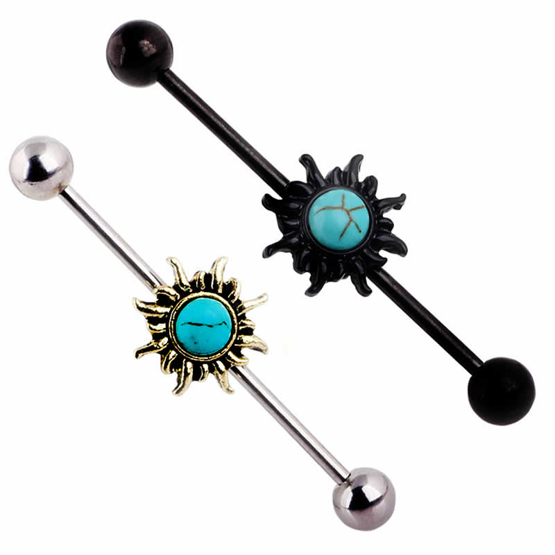 ［14G インダストリアル 長いバーベル］サンフレアターコイズ ボディピアス 14Ga 14ゲージ トルコ石 ブラック 黒色 インディアンジュエリー ボヘミアン 太陽 サージカルステンレス316L メガバーベル メンズ レディース 内径 シャフト ストレートバーベル 長い ロングバーベル