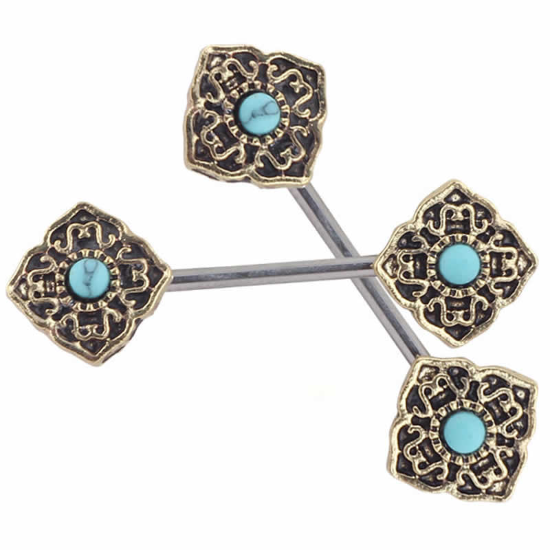 ［14G インダストリアル 長いバーベル］アンティークレリーフ ターコイズ トルコ石 インディアンジュエリー ボヘミアン ゴールド 金メッキ ボディピアス 14Ga 14ゲージ サージカルステンレス316L メガバーベル メンズ レディース 内径 シャフト 長い ロングバーベル 軟骨 金