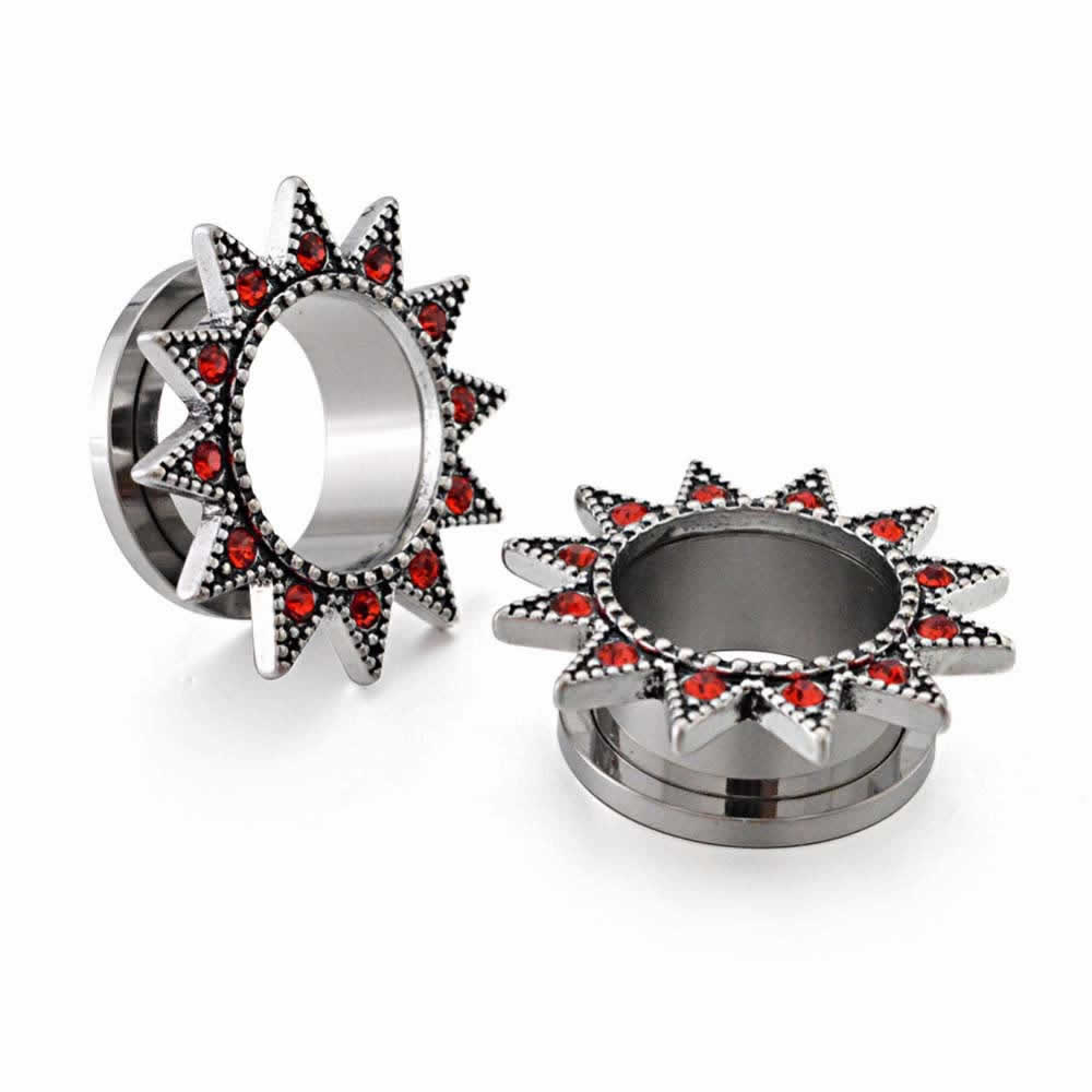 ピアス専門ショップGreen Piercingの[ 2G 0G 00G ジルコニア ボディピアス ] アジアン フレアクリスタル トンネル ボディーピアス 2ゲージ 0ゲージ 00ゲージ サージカルステンレス316L メンズ レディース 耳 ホールピアス プラグ ネジタイプ 埋め込み レッド 赤色 ラインストーン エスニック ボヘミアン 太陽｜アングル2