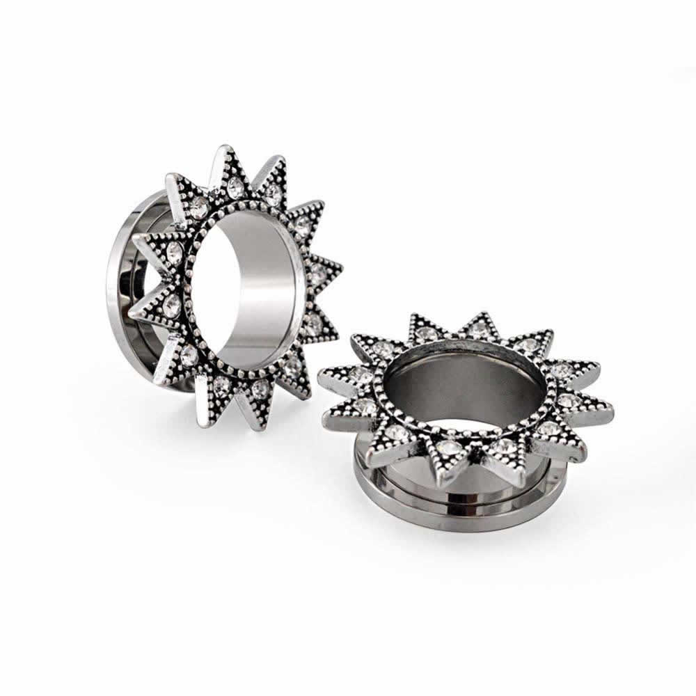 ピアス専門ショップGreen Piercingの[ 2G 0G 00G ジルコニア ボディピアス ] アジアン フレアクリスタル トンネル ボディーピアス 2ゲージ 0ゲージ 00ゲージ サージカルステンレス316L メンズ レディース 耳 ホールピアス プラグ ネジタイプ 埋め込み レッド 赤色 ラインストーン エスニック ボヘミアン 太陽｜アングル3