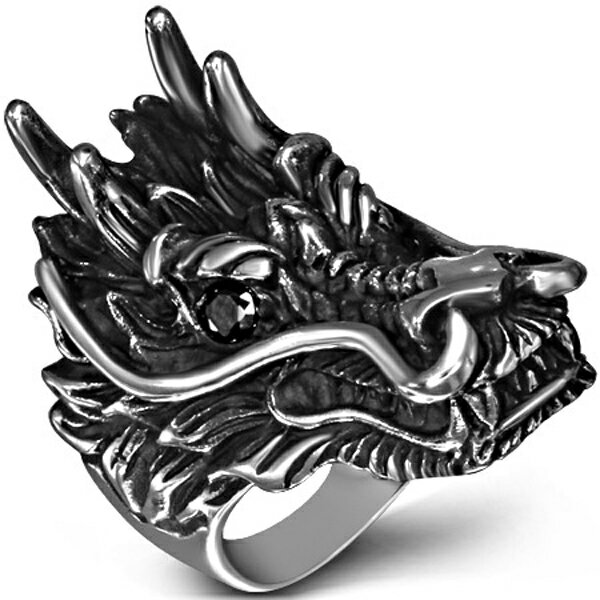 ドラゴンヘッドステンレスリング(RMT312) サイズ/26号/28号/31号 大きな龍の顔 竜 3D 立体 面白 指輪 サージカルステンレス316L メンズ ...