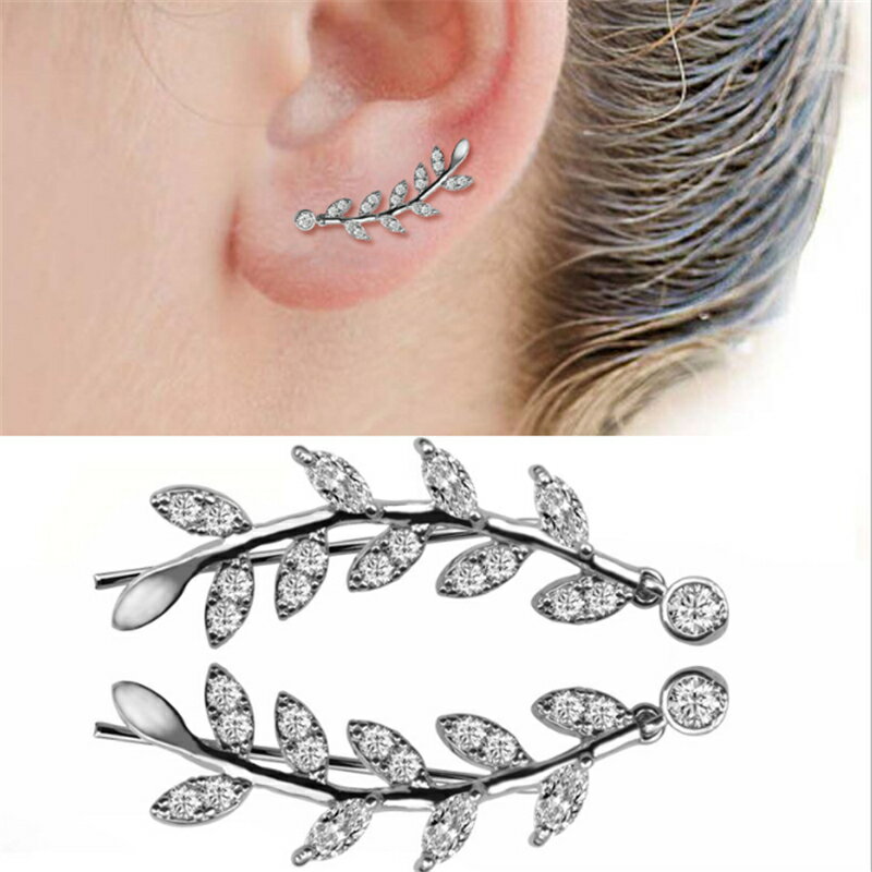 ジルコニアリーフロングフックイヤーカフ/1ペア販売 両耳 クリスタル イヤーフック イヤリング イヤー..