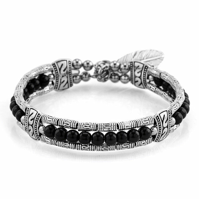 フェザーオニキスビーズブレスレット 天然石風 数珠 インディアンジュエリー エスニック アジアン 羽根 翼 ウイング 手首 夏 メンズ レディース 腕輪 バング...