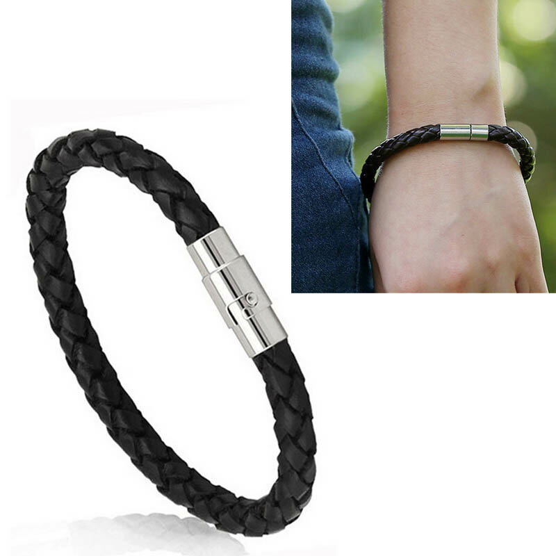 編み込みブラックレザーブレスレット 手首 シンプル 編む マグネット 磁石 黒色 革 皮 リストバンド 腕輪 バングル メンズ レディース プレーン 細身 おも...