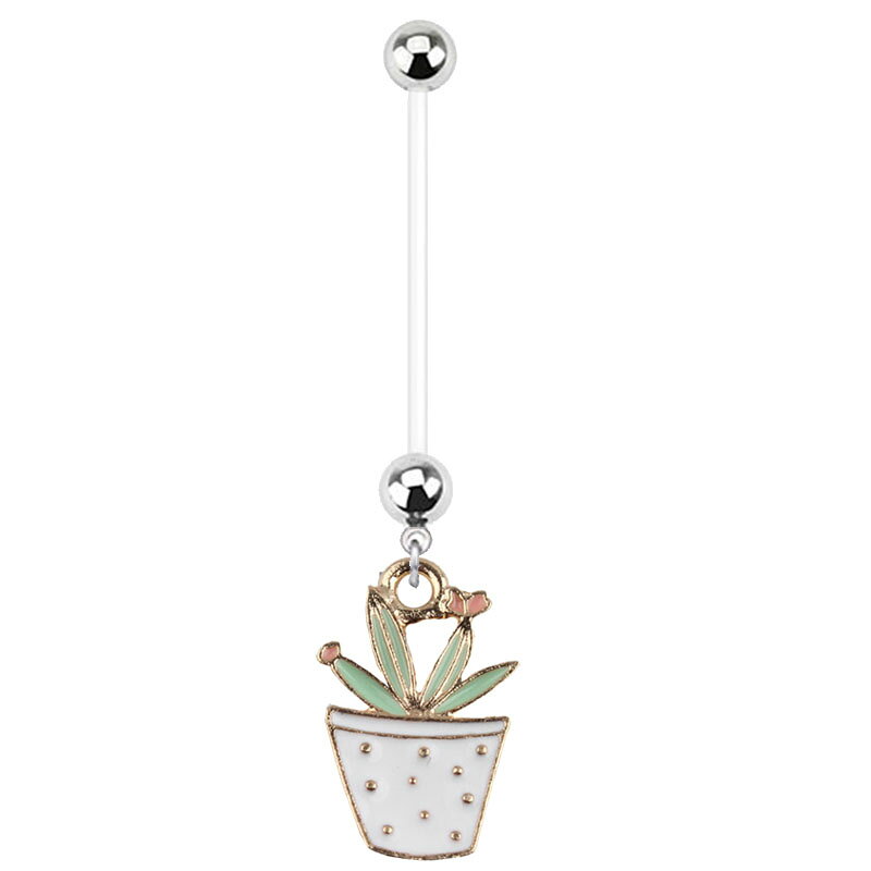 ピアス専門ショップGreen Piercingの妊婦用へそピアス サボテン 観葉植物 リーフ 植木鉢 プラント 可愛い 面白い 14ゲージ 14G へそぴあす 臍ピアス ヘソピアス ボディピアス テフロン 内径が長い 短い 出産祝い 妊娠 マタニティ ママ 赤ちゃん ベビー プレゼント ギフト 柔らかい ボディーピアス｜アングル2