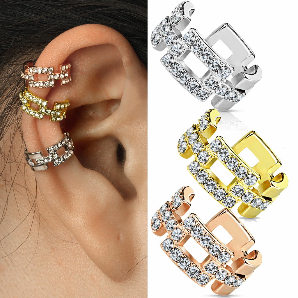 スクエアチェーンパベイヤーカフ 1個販売 四角形 ジルコニア メンズ レディース イヤリング 挟む はさむ ノンホールピアス イヤークリップ フェイクピアス 開...