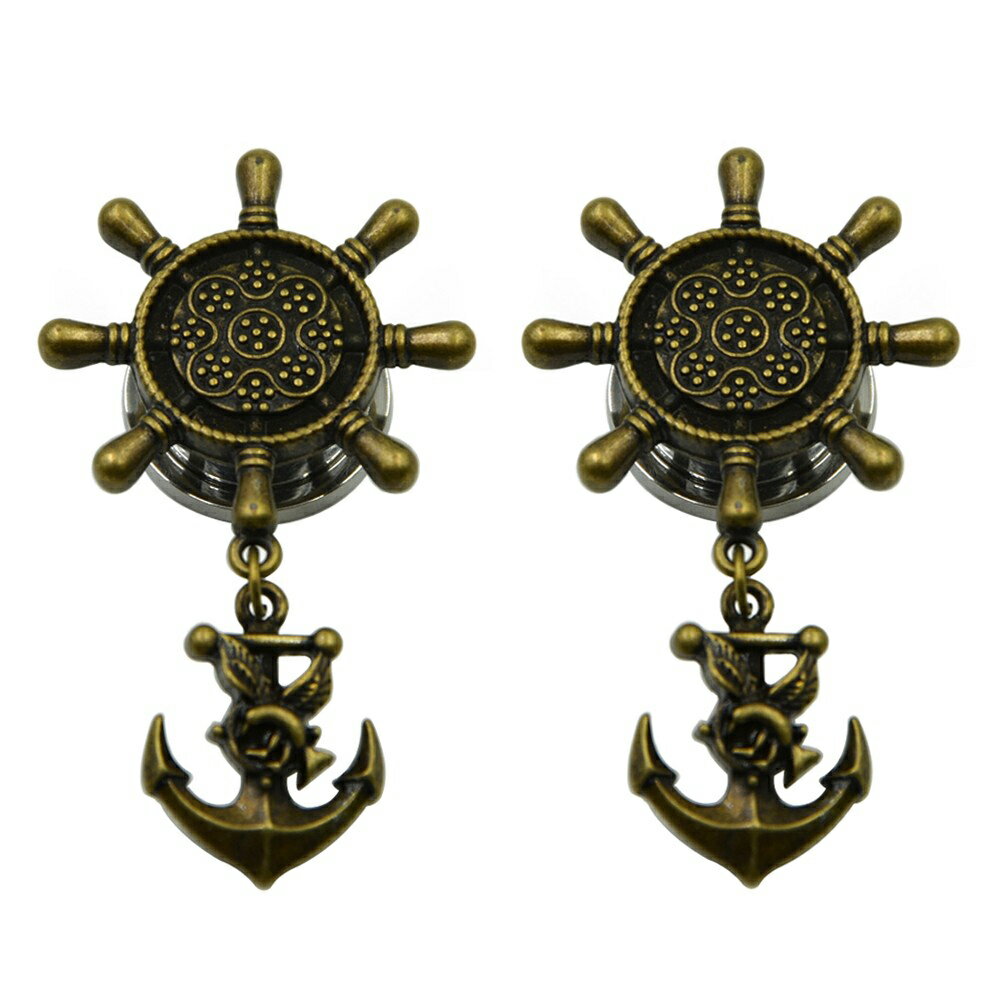 [0g 00g 12mm マリン ボディピアス] ラダーアンカー トンネル ボディーピアス 0ゲージ 0G 00ゲージ 00G 12.0mm 12ミリ アンティーク 舵 碇 錨 イカリ 船 チャーム 揺れる ハンドル ヨット 大きい ネジ型 ステンレス 耳 メンズ レディース 男性 女性 結婚式 揺れる チャーム