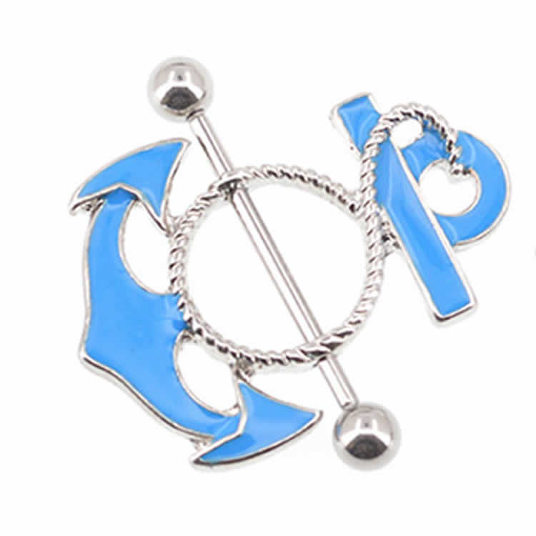 [ 14G ニップル 乳首 ] ブルーアンカー ニップルピアス ストレートバーベル シールド 14ゲージ 錨 碇 イカリ マリン ブルー 青色 水色 海 オモシロ 胸 乳輪 ボディピアス メンズ レディース サージカルステンレス316L ボディーピアス 乳首ピアス 別売り16Gに変更可能