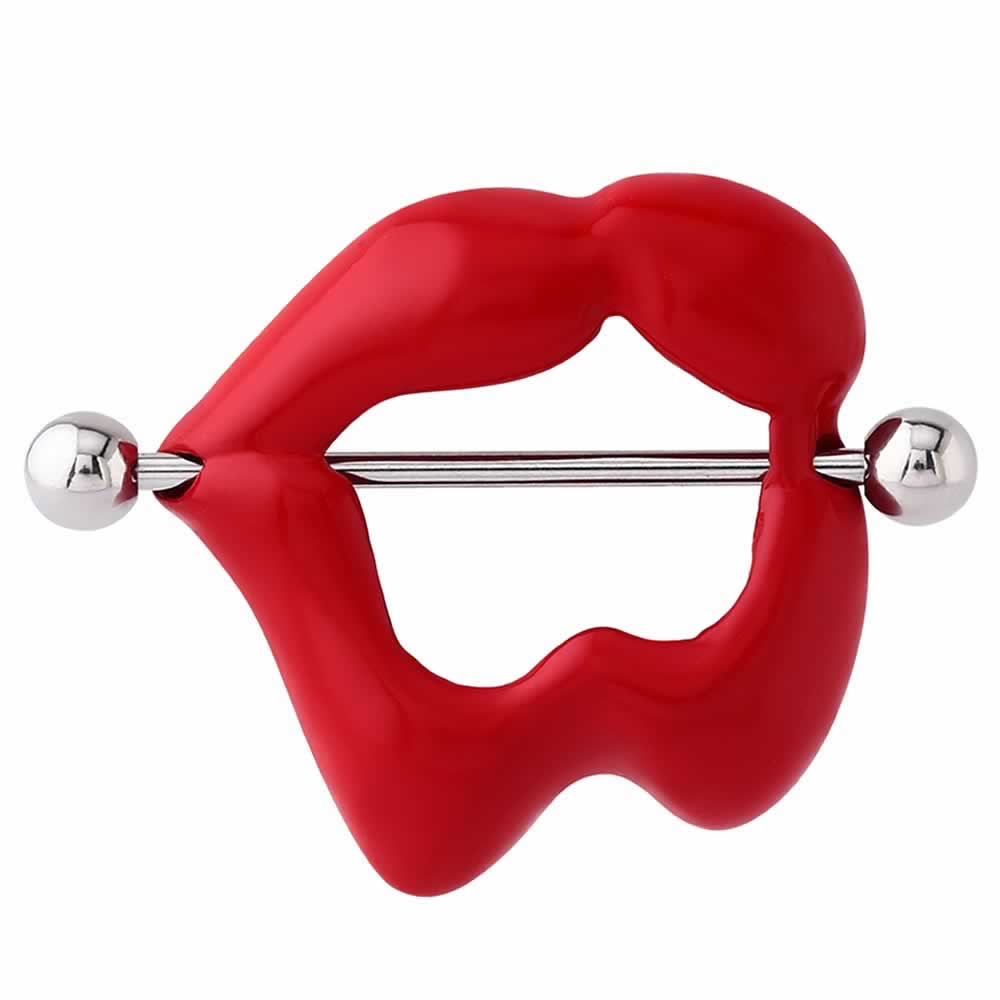 [ 14G ニップル 乳首 ] レッドリップ ニップルピアス ストレートバーベル シールド 14ゲージ 赤い唇 面白い おもしろ ユニーク くちびる ルージュ キス 胸 乳輪 ボディピアス メンズ レディース サージカルステンレス316L ボディーピアス 乳首ピアス 別売り16Gに変更可能