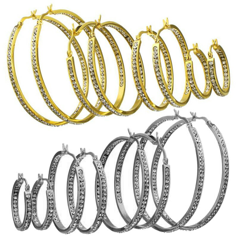 クリスタルラインフープピアス 1個販売 18G 18ゲージ サージカルステンレス316L リングピアス パーティ 結婚式 入学式 発表会 大きい レディース ステンレスピアス 低アレルギー 耳 揺れる リングピアス CZ ジルコニア ゴールド シルバー 金色 銀色 ラインストーン おしゃれ