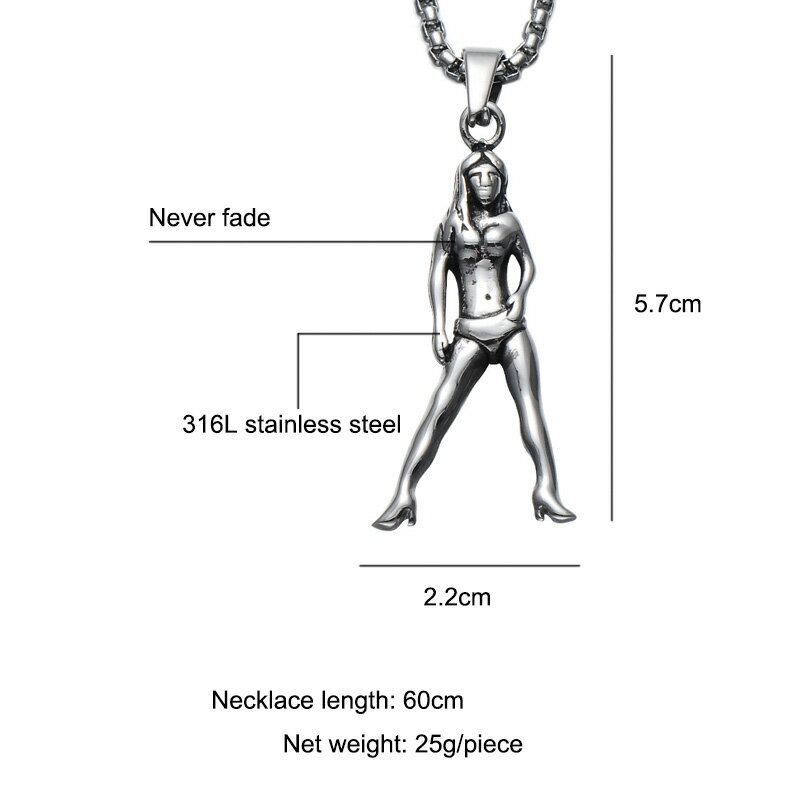 ビキニ水着ガールステンレスネックレス(55cmのステンレスチェーン付き) 太め 長め ネックレスチェーンつき ペンダントトップ サージカルステンレス316L メンズ レディース チョーカー 首飾り 3D 立体 おもしろ 面白い 女性 人間 女の人 水着モデル ガール