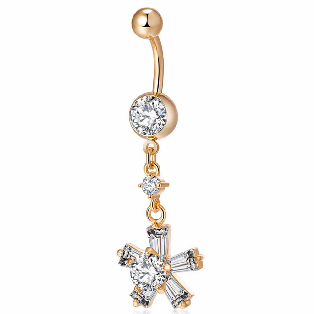 [14G おへそのピアス] クリスタルスター ゴールド へそピアス 14ゲージ ボディピアス ボディーピアス ヘソピアス 臍ピアス メンズ レディース サージカルステンレス316L ラインストーン ジルコニア クリスタル ゴールド 金メッキ 揺れる チャーム 星 花 雪の結晶
