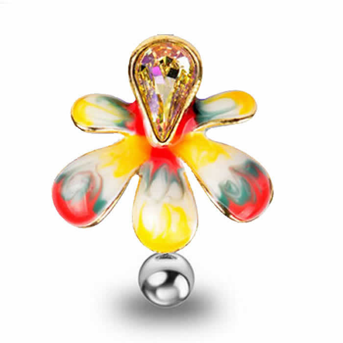 ビジューカラフルフラワー トップダウン へそピアス 14ゲージ 14G ヘソピアス 臍ピアス 花 ハイビスカス イエロー 黄色 上向き 逆向き 反対向き メンズ レディース ボディピアス ボディーピアス サージカルステンレス316L ハワイアンジュエリー プレゼント 14ga ジルコニア