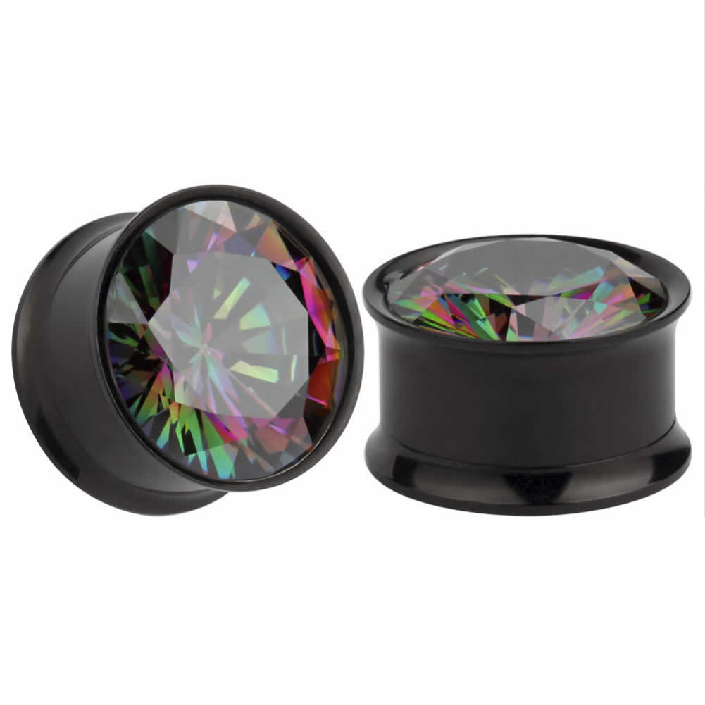 [2G 0G 00G 12mm クリスタル ボディピアス 黒色] ジルコニア ネジ式 ブラックフレア ボディーピアス 2ゲージ 0ゲージ 00ゲージ 12.0mm 12ミリ ステンレス ホールピアス メンズ レディース 虹色 レインボー ギフト 大人 結婚式 大きい プラグ 人気 おしゃれ ジュエル マルチ色