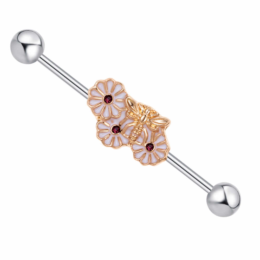 3個の蓮の花と蜻蛉をデザインしたパーツを14ゲージの長いロングバーベルにセットした極楽浄土をイメージさせるインダストリアル用ボディーピアス。個性的なトンボとフラワーをモチーフにしたボディーピアスはメンズからもレディースからも人気が高い。白い...