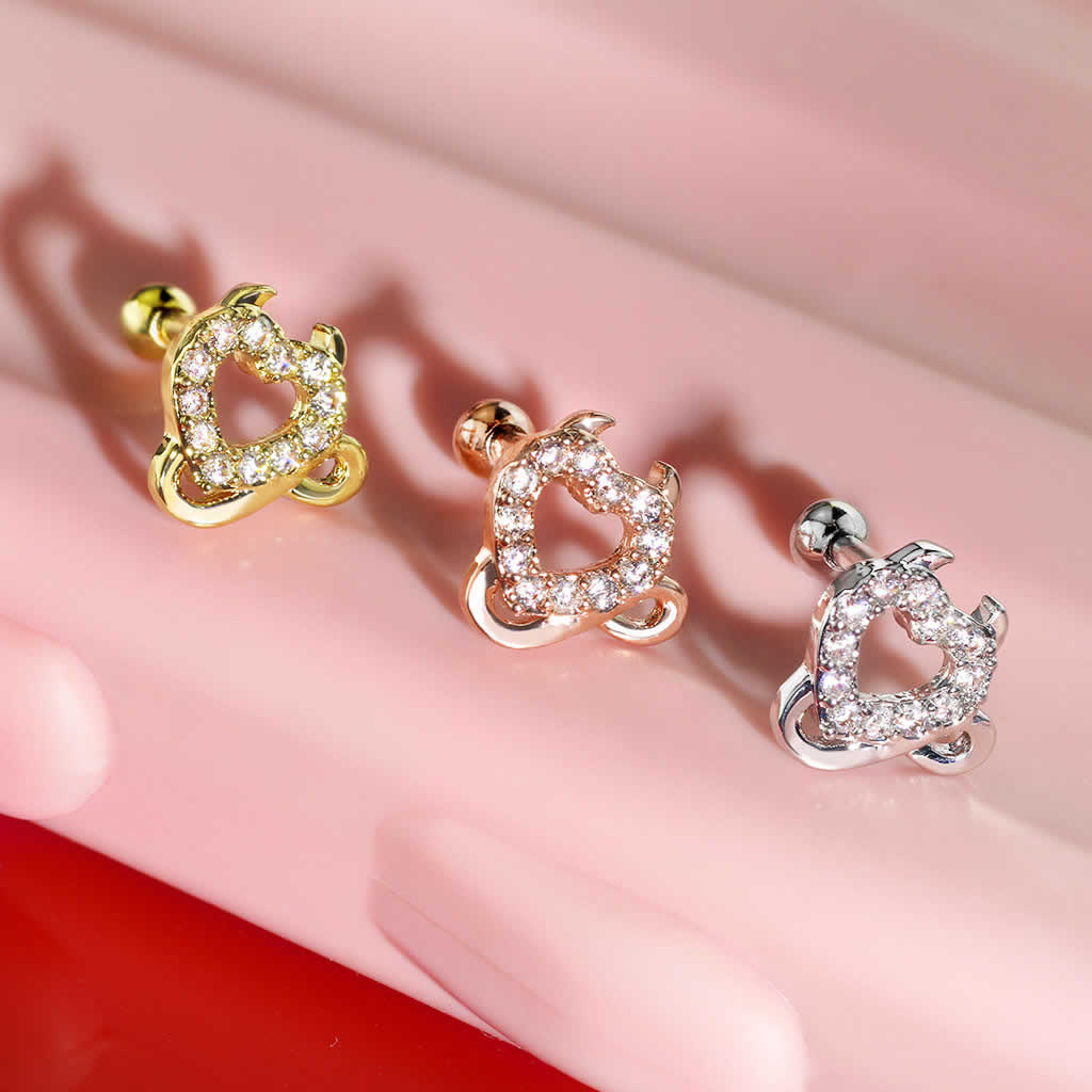 [16ゲージ ストレートバーベル ボディピアス] デーモン ヘリックス 軟骨ピアス 16G サージカルステンレス316L 細い メンズ レディース トラガス ハート 悪魔 ツノ 角 ピンクゴールド ゴールド シルバー ジルコニア プレゼント クリスタル シッポ クリスマス ホワイトデー