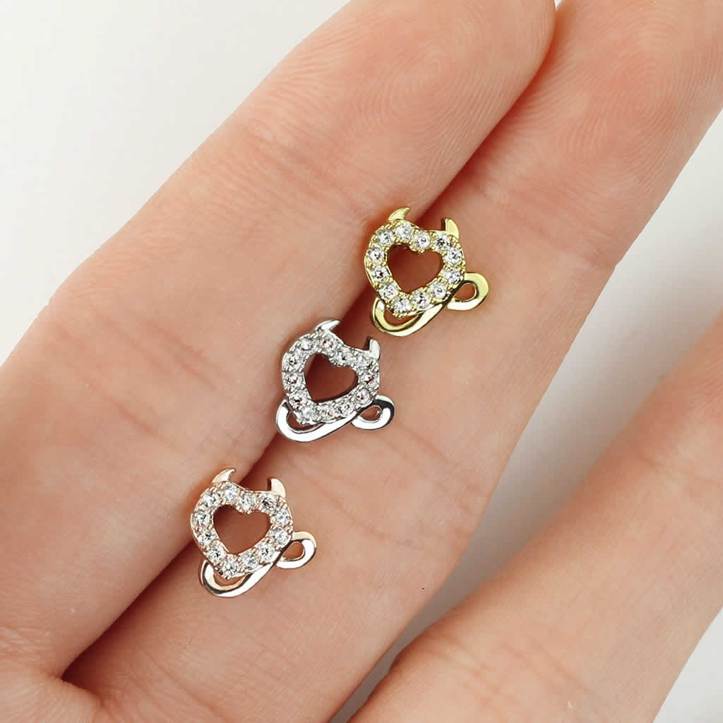 [16ゲージ ストレートバーベル ボディピアス] デーモン ヘリックス 軟骨ピアス 16G サージカルステンレス316L 細い メンズ レディース トラガス ハート 悪魔 ツノ 角 ピンクゴールド ゴールド シルバー ジルコニア プレゼント クリスタル シッポ クリスマス ホワイトデー