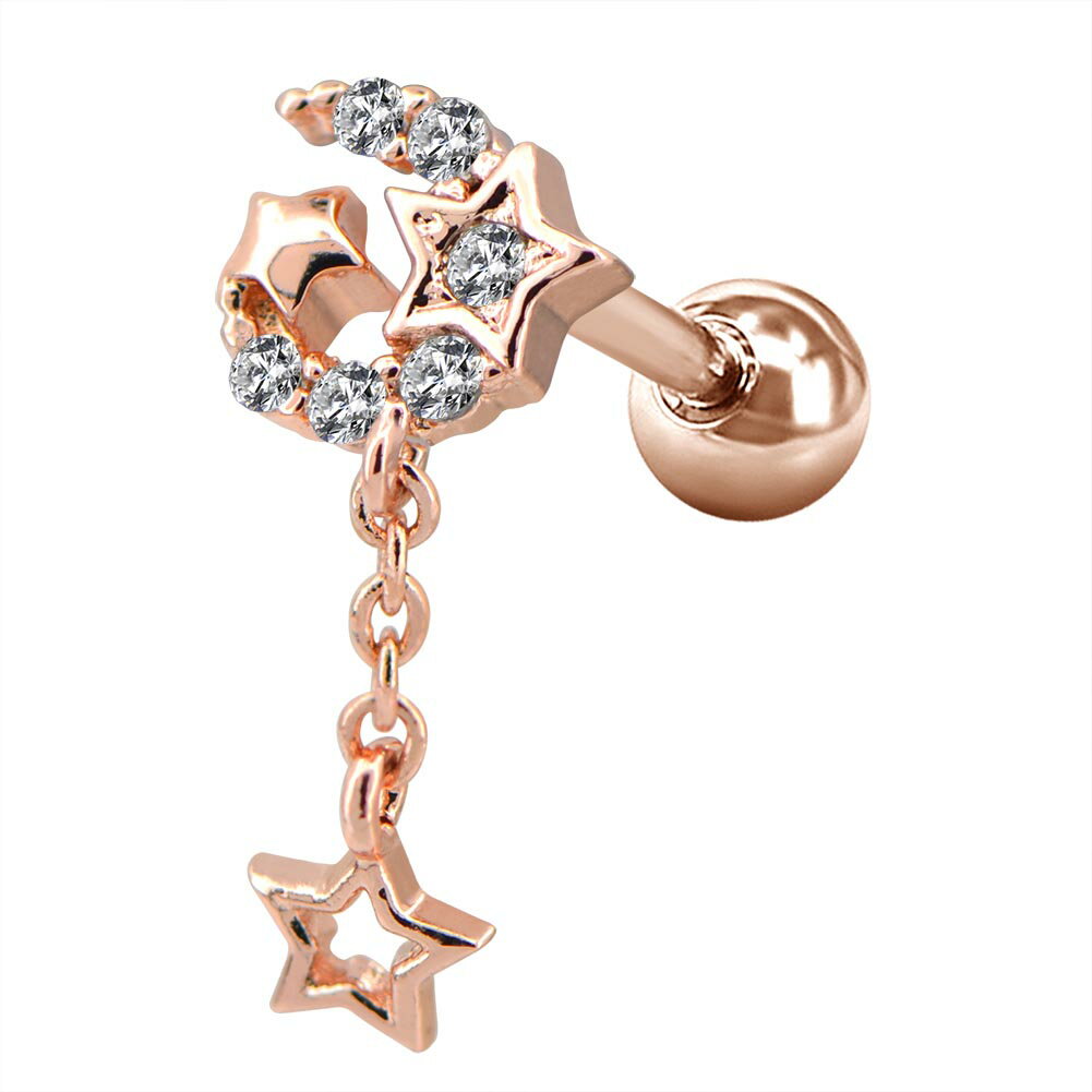 ムーンナイトヘリックス ストレートバーベル 16ゲージ 16G 軟骨 耳 ボディピアス トラガス チャーム 揺れる 星 月 クリスタル ジルコニア ピンクゴールド シルバー おしゃれ メンズ レディース サージカルステンレス316L プレゼント 人気 ギフト クリスマス 誕生日